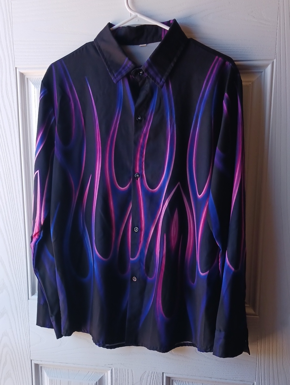 Men's Black Button-Down Shirt with Purple & Blue Flame Design